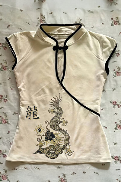 Köstebek Ecru Mandarin Collar Dragon Motif Vintage Qipao Y2K Short Sleeve Crop