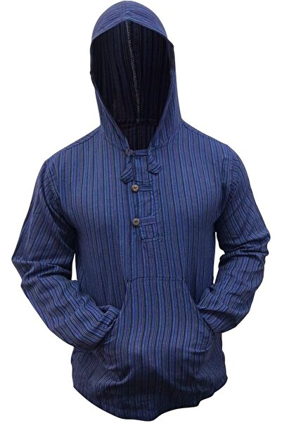OEM Men's Hooded Shirt - Cotton, Boho Festival Style, Blue Stripes - M