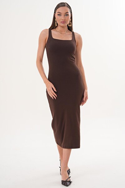 ŞİMAL Women's Strappy Ribbed Long Dress 260039