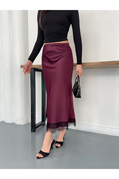 Ekim Store Lace Detailed Midi Length Luxurious Satin Skirt