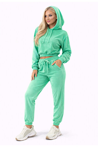 Nobrand Mint Green Velvet 's Set – Cropped Sweatshirt & Jogger Pants – M