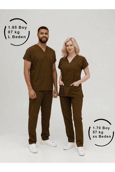 Dr. Mitra Kahverengi Likralı Hemşire Doktor Forması Unisex Cerrahi Takım Scrubs Üniforma