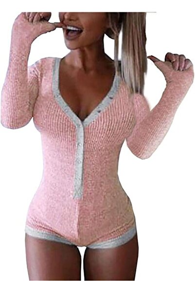 OEM Body Damă Mânecă Lungă - Decolteu în V, Material Reiat, Elastic, Roz-Gri - M
