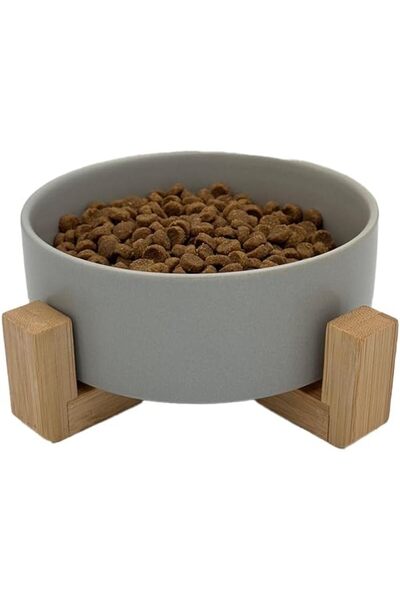 OEM Ceramic Dog and Cat Bowl - Non-Slip Bamboo Stand - 480ml, Gray, Lead Free
