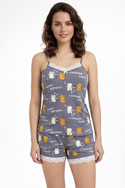 Burcumay Γυναικείο σετ πιτζάμες με σορτς και σχέδιο γάτας Happy Birthday, δώρ...