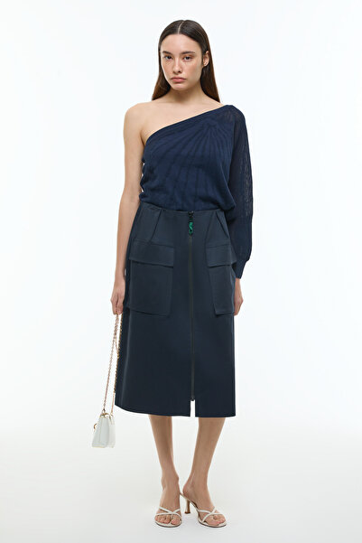 Roman Önden Fermuarlı Çift Cepli Beli Lastikli Midi Etek Lacivert YY015039_015