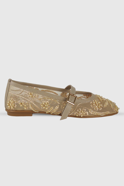 Modezya Emilia Beige Patterned Belt Detail Oval Toe Women's Ballerinas