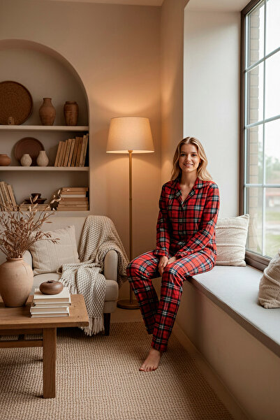 Pijamax Women's Plaid Pattern Front Buttoned Long Sleeve Knitted Pajama Set