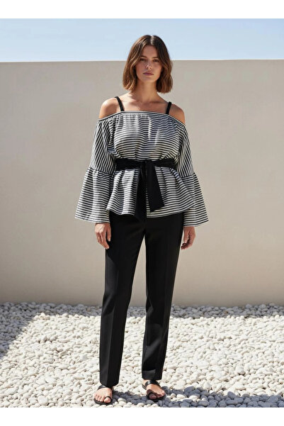 Su Koleksiyon Lined Cotton Woven Striped Blouse