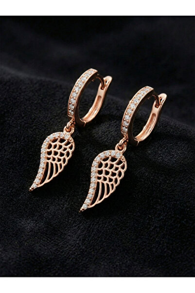 Roza Silver 925 Ayar Zirkon Taşlı Rose Kanat Model Halka Gümüş Küpe
