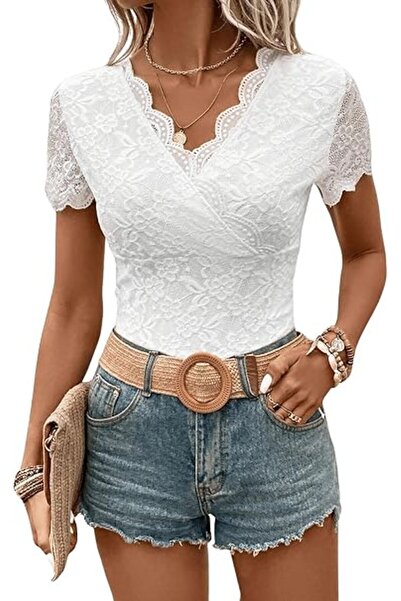 OEM Body din Dantelă Elegant, Mânecă Scurtă, Decolteu în V, Slim Fit, Alb, Mă...