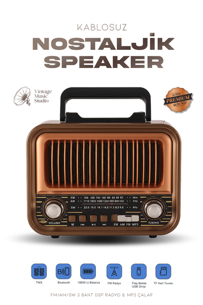 Kensa Ahşap Tasarım Retro Nostaljik Hoparlör Şarj Edilebilir FM/AM/SW Bluetoo...