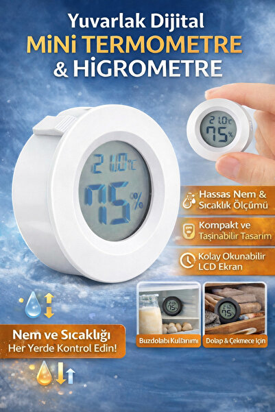 Ecuy Yuvarlak Dijital Mini Termometre ve Higrometre (Nem Ölçer) – LCD Ekranlı...