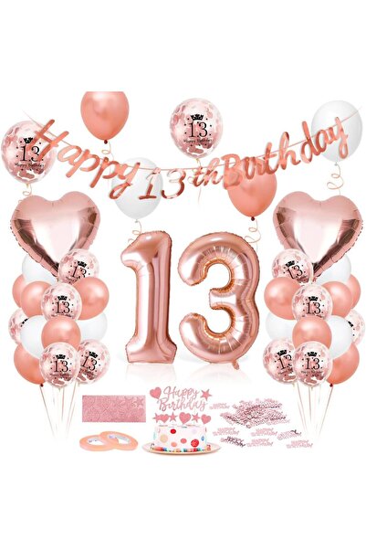 OEM 13th Birthday Balloon Set - Rose Gold, Banner, Stars, Confetti - Latex an...