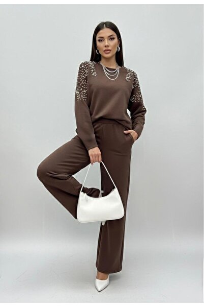 Koza Butik Women's Long Sleeve Shoulder Pearl Embroidered Wide Leg Tracksuit ...