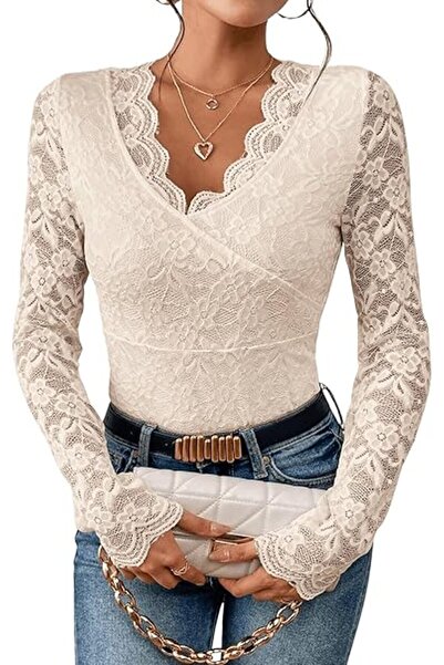 OEM Body cu Dantelă Elegant, Mânecă Scurtă, Decolteu în V, Slim Fit, Alb, M