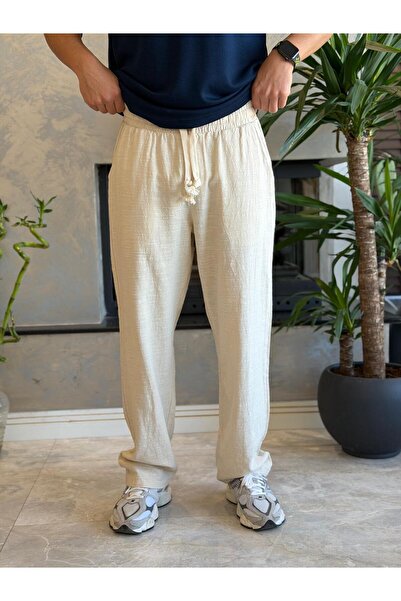 ECARTS Men's Relaxed Fit Linen Trousers with Elastic Waist and Laces Beige Ec...