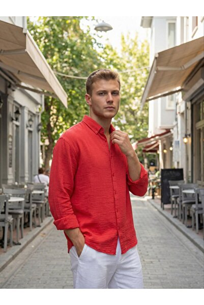 MATTİMODA Uzun Kol Müslin Erkek Bordo Gömlek