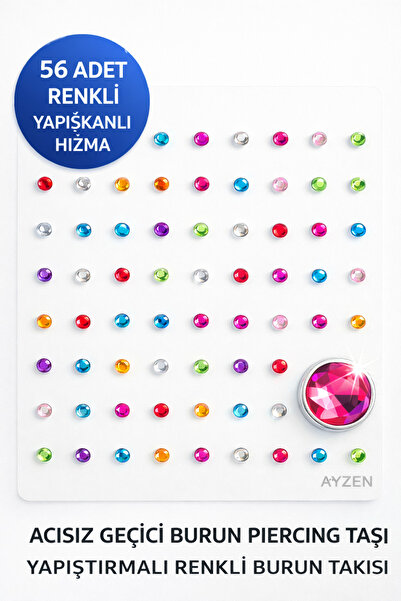 Aychra 56 Adet Renkli Yapışkanlı Hızma – Acısız Geçici Burun Piercing Taşı – ...