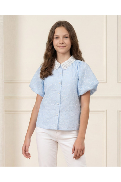 REDTAG بلوزة قصيرة الأكمام مطرّز باللون الأزرق الفاتح للبنات في المرحلة الثانوية