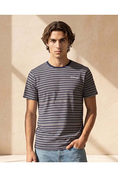 REDTAG Men Blue Striped T-Shirt