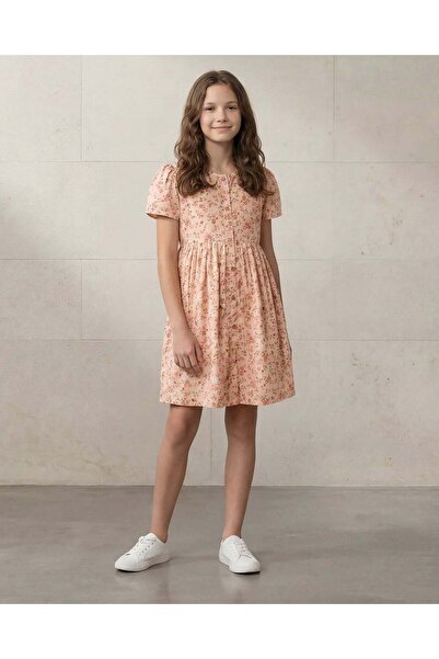 REDTAG فستان صيفي بأكمام قصيرة مطبوع عليه رقعة مزخرفة للبنات الكبيرات