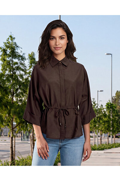 REDTAG Women Brown Collared Shirt With Waist Sinched Co-Ord Shirt