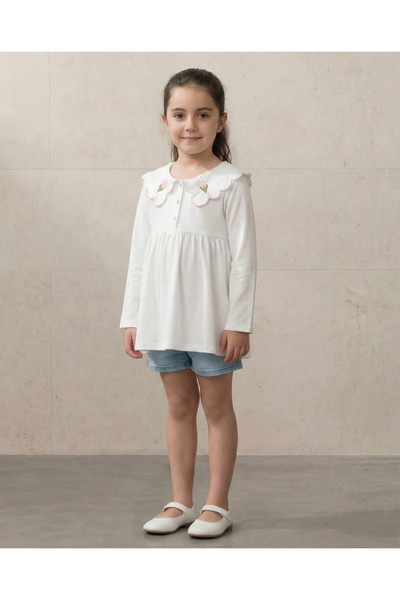 REDTAG Girls White Embroidered Collar Jersey Top