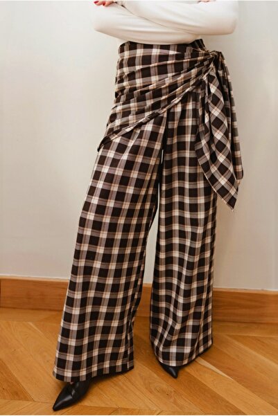 BRTC design Women's Brown Plaid Wide-Leg Pants with Piece Detail