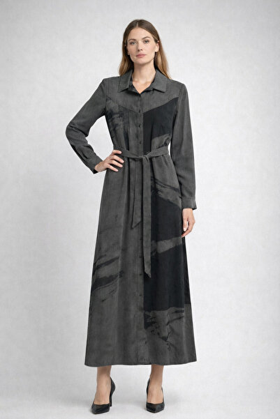 FUAT GÜRSEN Geometry Pattern Silk Kupra Full Length Dress