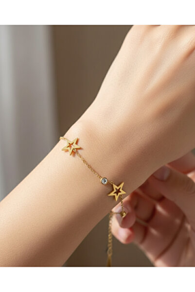 stainless steell سوار من الفولاذ بسلسلة ذهبية اللون ونقش نجمة