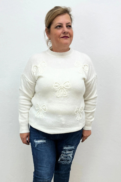 Mia Butik Women's White Bowknot Embroidered Knitwear Blouse (Compatible up to...