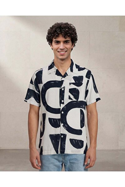 REDTAG Men White And Black Printed Rayon Shirt With Chest Pocket