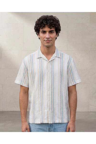 REDTAG Men White And Blue Striped Short Sleeve Dobby Shirt