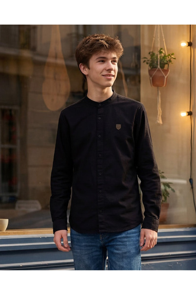 REDTAG Senior Boys Black Mandarin Collar Shirt With Metal Badge