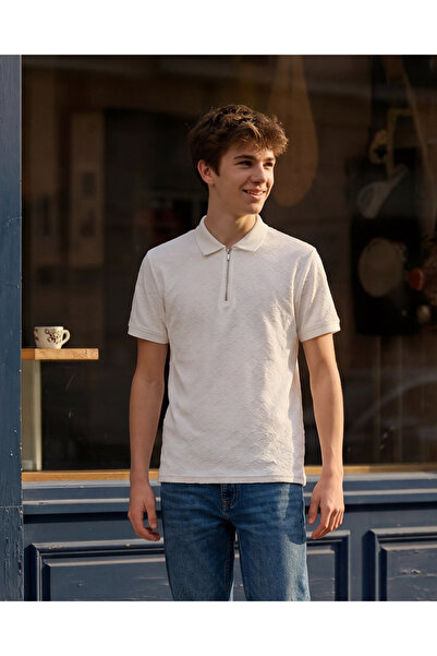 REDTAG Senior Boys White Jacquard Polo Shirt