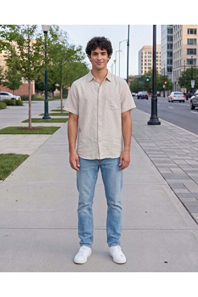 REDTAG Men Beige Plain Short Sleeve Shirt