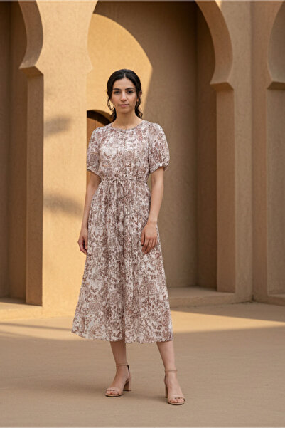 REDTAG فستان ميدي نسائي بيج مطبوع بالكامل بأكمام قصيرة