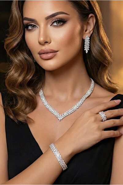 Happyline Gümüş Kaplama Zirkon Taşlı Set Takım Hediyelik Pırlanta Modeli Küpe...