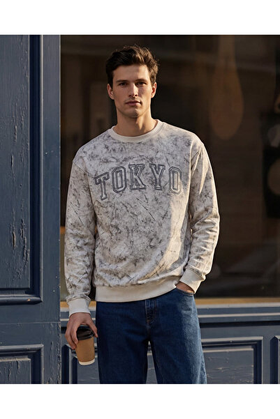 REDTAG Men Ivory Crew Neck Allover Print Sweatshirt