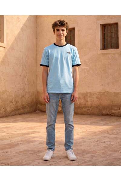 REDTAG Senior Boys Blue Stretch Ringer T-Shirt