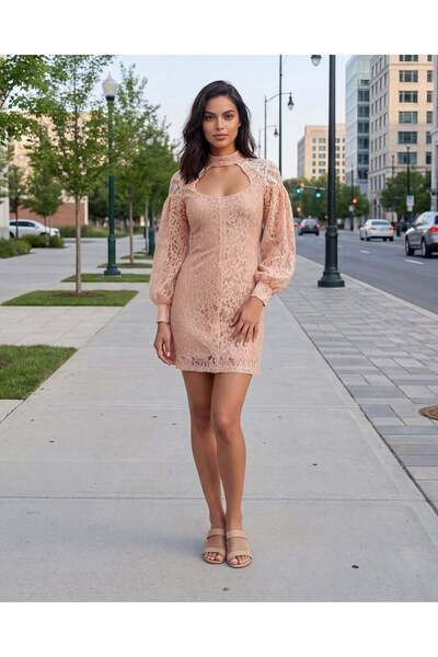 REDTAG فستان ميدي نسائي وردي فاتح مزين دانتيل