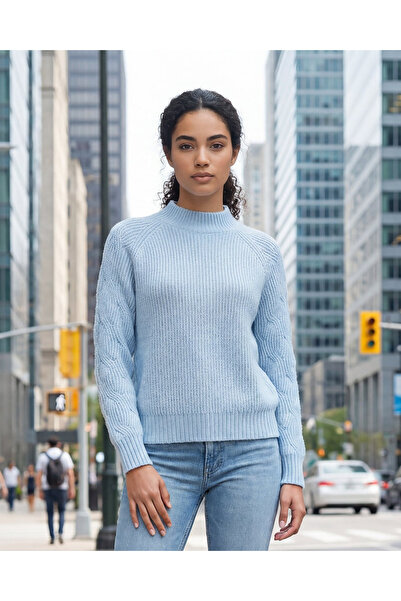 REDTAG Women’s Light Blue Long Sleeve Acrylic Knit Top