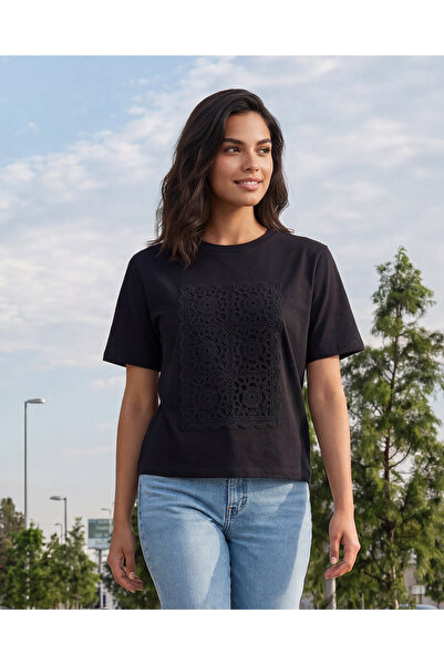 REDTAG Women Black Embellished T-Shirt