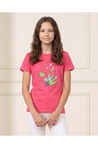 REDTAG تيشيرت قصير الأكمام مطبوع عليه رسمة وردية اللون للبنات في المرحلة الثا...