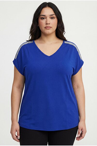 Ebsumu Women's Plus Size Blue Blouse with Stones on the Shoulders
