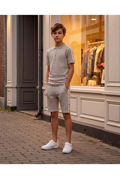 REDTAG Senior Boys Beige Jacquard Zip Neck Polo And Shorts Set