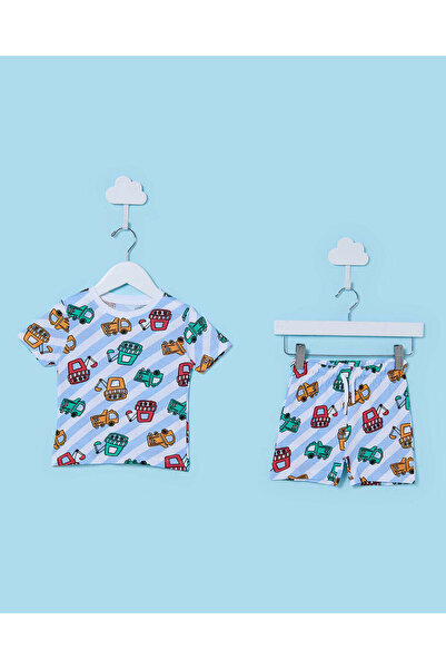 REDTAG طقم بيجاما للأولاد الرضع مكون من قطعتين: تيشيرت أبيض وأزرق مخطط ، شورت.