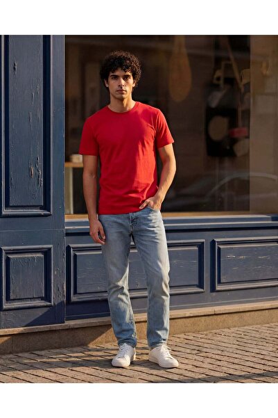 REDTAG Men Red Solid T-Shirt