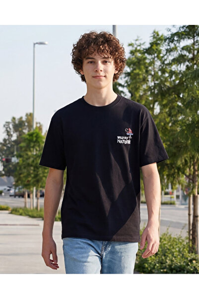 REDTAG Senior Boys Black Printed T-shirt